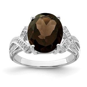 925 Sterling Silver Rhodium Smoky Quartz Diamond Ring
